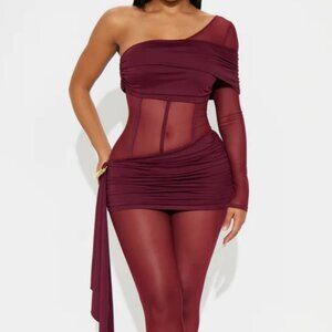 Fashion Nova Late Confession Mesh Skinny Jumpsuit in Burgundy- Size XS